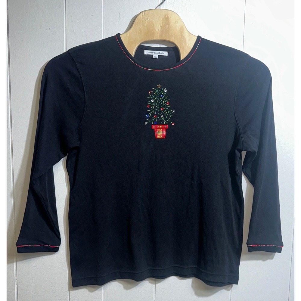 Mercer Street Studio Womens XL Black Christmas Tree Embroidered Sequin Top Shirt